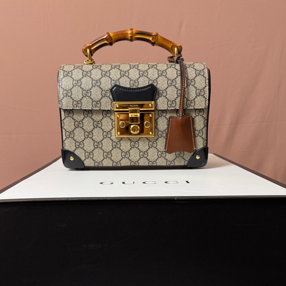 Gucci Beige and Black Satchel with Padlock and Bamboo Handle